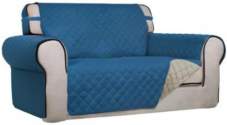 PureFit Reversible Quilted Sofa Cover, Water Resistant Medium Slipcover Furniture Protector, Washable Couch Cover with Non Slip Foam and Elastic Straps for Kids, Pets (Loveseat, Peacock Blue/Beige)