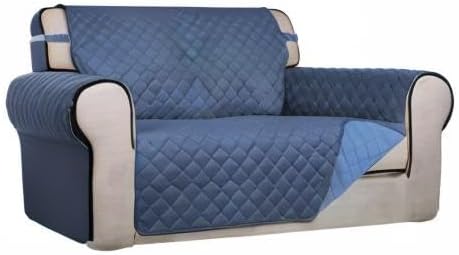 PureFit Reversible Quilted Sofa Cover, Water Resistant Slipcover Furniture Protector, Washable Couch Cover with Non Slip and Elastic Straps for Kids, Dogs, Pets (Loveseat, Dark Blue/Light Blue)