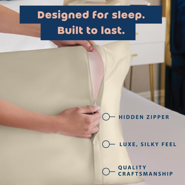 Satin Pillowcase with Zipper, for Hair and Skin Care, Feels Soft and Cool Like a Silk Pillowcase, Satin Pillow Cases 2 Pack, Slik Pillow Cover, Champagne, King, Set of 2
