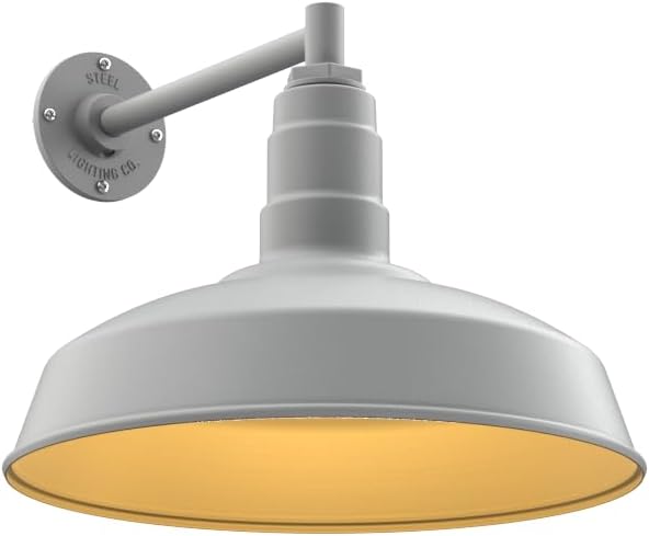 Steel Lighting Co. Gardena Barn Light | Outdoor Wall Mounted | 16" Dome | 11" Straight Arm | Farmhouse Light Made in America | Modern Gray Exterior/Brass Interior