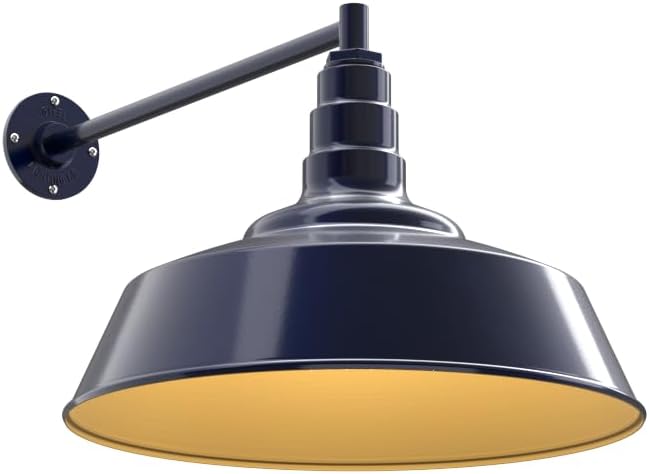 Steel Lighting Co. Redondo Barn Light | Outdoor Wall Mounted | 20 inch Dome | 20" Straight Arm | Large Farmhouse Warehouse Light Made in America | Navy Blue Exterior/Brass Interior