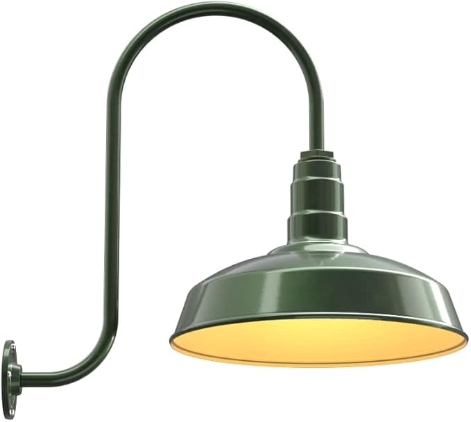 Steel Lighting Co. Gardena Barn Light | Outdoor Wall Mounted | 16" Dome | Upward Sloping Gooseneck | Farmhouse Light Made in America | Hunter Green Exterior/Brass Interior