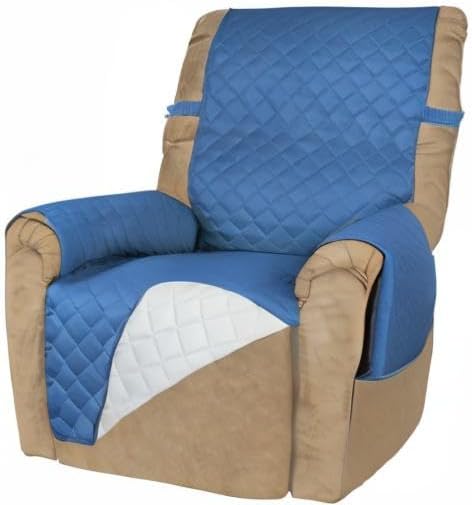 PureFit Reversible Quilted Sofa Cover, Water Resistant Slipcover Furniture Protector, Washable Couch Cover with Non Slip and Elastic Straps for Kids, Dogs, Pets (Small Recliner, Blue/Ivory)