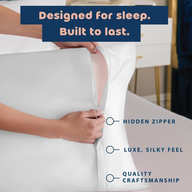 Satin Pillowcase with Zipper for Hair and Skin Care, Feels Soft and Cool Like a Silk Pillowcase, White Satin Pillow Cases 2 Pack, Slik Pillow Cover, Standard Size - Set of 2