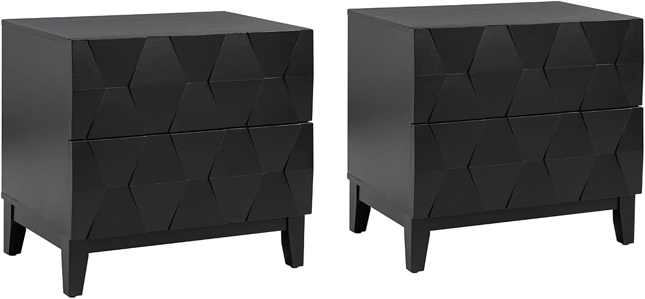 HULALA HOME Wood Nightstand Set of 2 with Charging Station 2 Drawer Dresser with Wooden Legs Mid Century Modern Bedside French Style End Table for Bedroom, Black