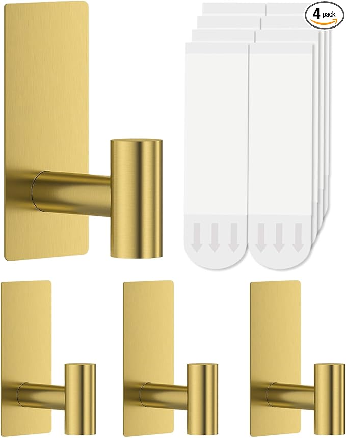 4 Pcs Towel Hooks Heavy Duty for Hanging,Adhesive Wall Hooks with Removable Strips,Sticky No Damage,Outdoor for Bathrooms,Shower,Stockings,Decor,Robe,Large,Gold 304 Stainless Steel