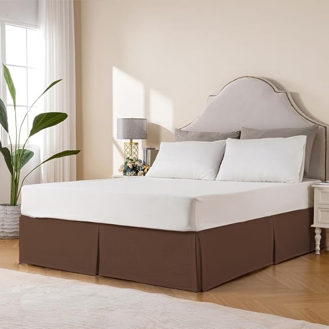 MIYE Pleated Waffle Weave Bed Skirt, Tailored Dust Ruffle 12 Inch Drop Easy Fit, Machine Washable (Brown, Full - 12" Drop)