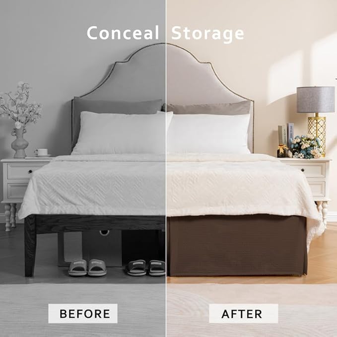 MIYE Pleated Waffle Weave Bed Skirt, Tailored Dust Ruffle 12 Inch Drop Easy Fit, Machine Washable (Brown, Full - 12" Drop)