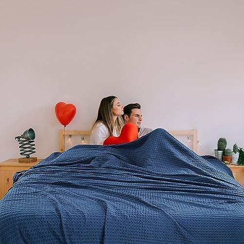 HILLFAIR 100% Cotton Blanket- 120" x 120" XXL Oversized King Bed Blankets - Family Size 10 ft x 10 ft Big - Soft Breathable Waffle Blankets for Bed - Extra Large King Cotton Blanket - Blue