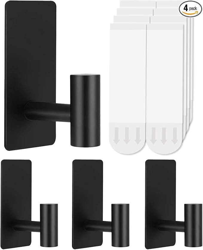 4 Pcs Towel Hooks Heavy Duty for Hanging,Adhesive Wall Hooks with Removable Strips,Sticky No Damage,Outdoor for Bathrooms,Shower,Stockings,Decor,Robe,Large,Black 304 Stainless Steel