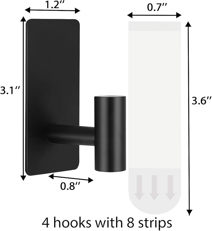 4 Pcs Towel Hooks Heavy Duty for Hanging,Adhesive Wall Hooks with Removable Strips,Sticky No Damage,Outdoor for Bathrooms,Shower,Stockings,Decor,Robe,Large,Black 304 Stainless Steel