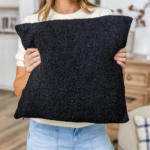 SAMIAH LUXE Black Teddy Boucle Pillow Covers 18x18 2pcs for Home Living Room Decor, Sherpa Textured Decorative Throw Pillow Covers for Boho Decor, Square Throw Cushion Euro Shams for Modern Farmhouse
