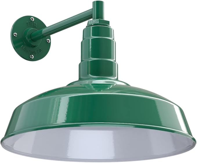 Steel Lighting Co. Gardena Barn Light | Outdoor Wall Mounted | 16" Dome | 11" Straight Arm | Farmhouse Light Made in America | Green Exterior/White Interior