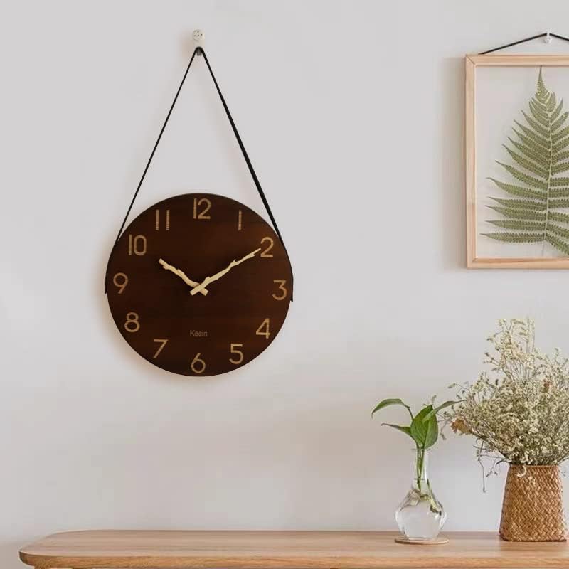 Kesin Wall Clock 12 Inch Silent Wooden Wall Clock Battery Operated Hand Made Retro Fashion Clock with Rope Hanging Decorative for Living Room Kitchen Bedroom Office