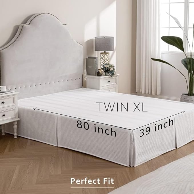 MIYE Pleated Waffle Weave Bed Skirt, Tailored Dust Ruffle 14 Inch Drop Easy Fit, Machine Washable (White, TwinXL - 14" Drop)