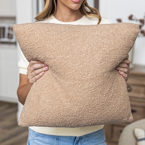 SAMIAH LUXE Brown Teddy Boucle Pillow Covers 20x20 2pcs for Home Living Room Decor, Sherpa Textured Decorative Throw Pillow Covers for Boho Decor, Square Throw Cushion Euro Shams for Modern Farmhouse