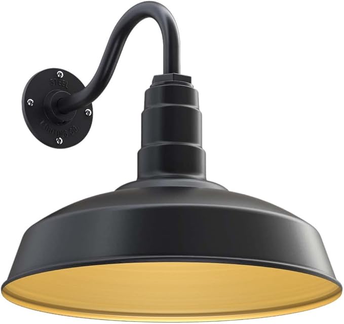 Steel Lighting Co. Gardena Barn Light | Outdoor Wall Mounted | 16" Dome | 11" Gooseneck | Farmhouse Light Made in America | Matte Black Exterior/Brass Interior