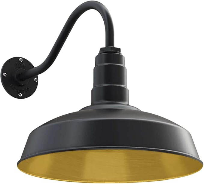 Steel Lighting Co. Gardena Barn Light | Outdoor Wall Mounted | 16" Dome | 16" Gooseneck | Farmhouse Light Made in America | Matte Black Exterior/Brass Interior