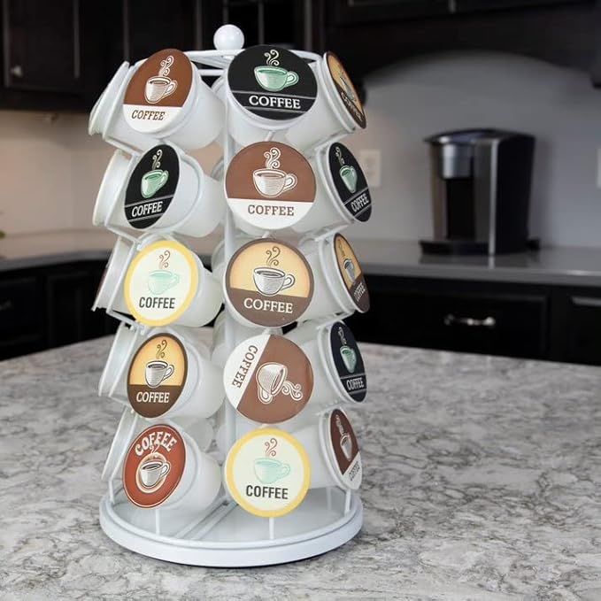 Nifty K Cup Holder – Compatible with K-Cups, Coffee Pod Carousel | 35 K Cup Holder, Spins 360-Degrees, Lazy Susan Platform, Modern White Design, Home or Office Kitchen Counter Organizer