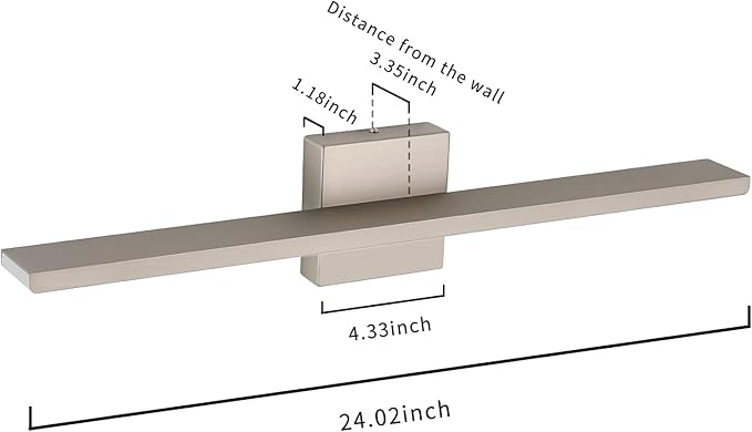 JUSHENG Brushed Nickel Bathroom Vanity Light Modern Dimmable Vanity Light Bar LED Bathroom Lighting 24 Inch 24W 3000K Warm White