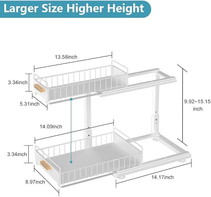 Under Sink Organizer, Pull Out Kitchen Cabinet Organizer, 2-Tier Metal Under Sink Organizers and Storage Height-Adjustable, Kitchen Bathroom Organizers and Storage Shelves, White
