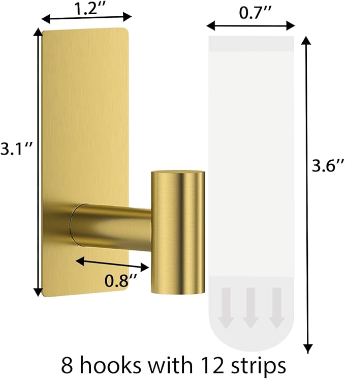 8 Pcs Towel Hooks Heavy Duty for Hanging,Adhesive Wall Hooks with Removable Strips,Sticky No Damage,Outdoor for Bathrooms,Shower,Stockings,Decor,Robe,Large,Gold 304 Stainless Steel