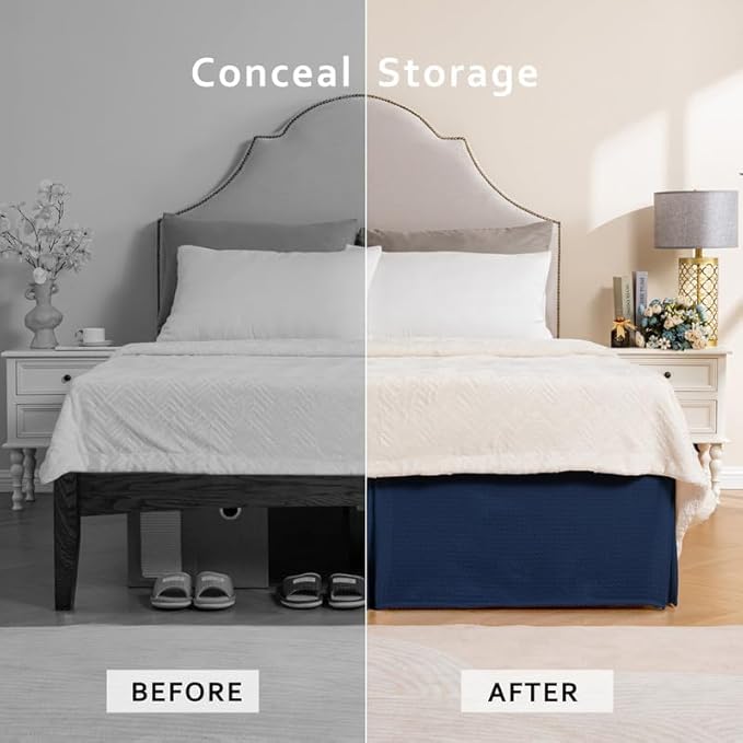 MIYE Pleated Waffle Weave Bed Skirt, Tailored Dust Ruffle 16 Inch Drop Easy Fit, Machine Washable (Navy Blue, Queen - 16" Drop)