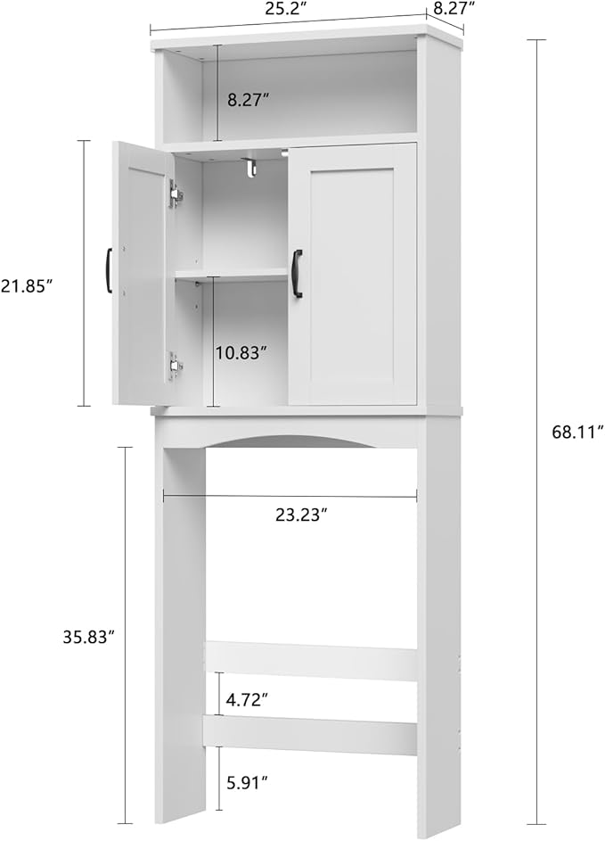 Over The Toilet Storage Cabinet, Over Toilet Bathroom Organizer with Adjustable Shelf and Double Doors, Space Saver Shelf Above Toilet Storage Cabinet (White)