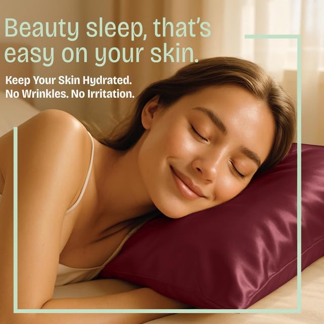 Satin Pillowcase with Zipper, for Hair and Skin Care, Feels Soft and Cool Like a Silk Pillowcase, Satin Pillow Cases 2 Pack, Slik Pillow Cover, Burgundy, Standard, Set of 2