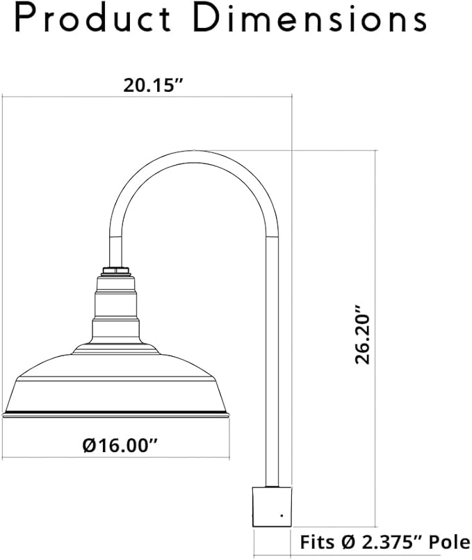 Steel Lighting Co. Gardena Barn Light | Outdoor Pole Top Mounted | 16" Dome | Upslope Gooseneck with Slip Fitter for 2-3/8" Standard Poles | Made in America | Matte Black Exterior/Matte Black Interior