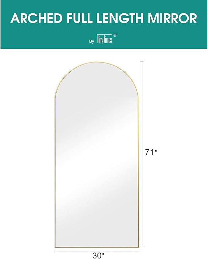 TinyTimes 71''x30'' Oversized Arched Full Length Mirror Large Full Body Floor Mirror with Stand for Hanging, Big Full Size Long Mirror with Aluminum Frame for Bedroom, Living Room (Gold)