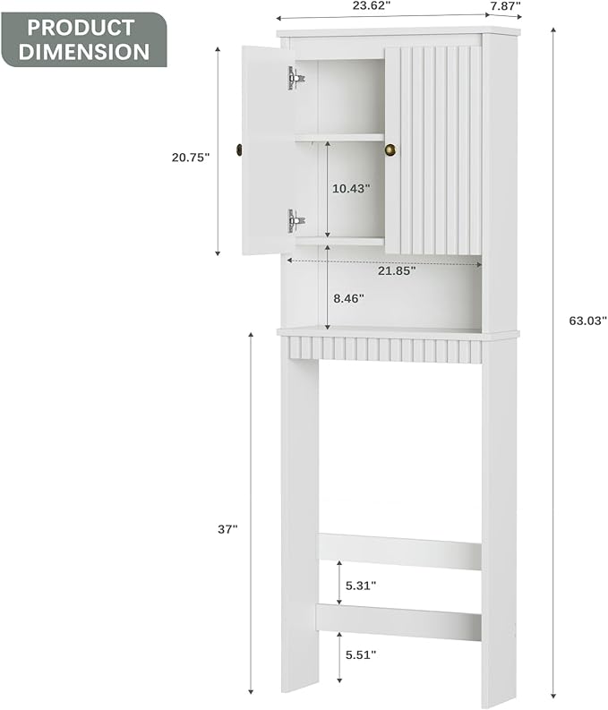 Over The Toilet Storage Cabinet, Over Toilet Bathroom Organizer with Fluted Panel Doors and Soft Hinges, Above Toilet Storage Shelves Behind Toilet Bathroom Organizer (White)
