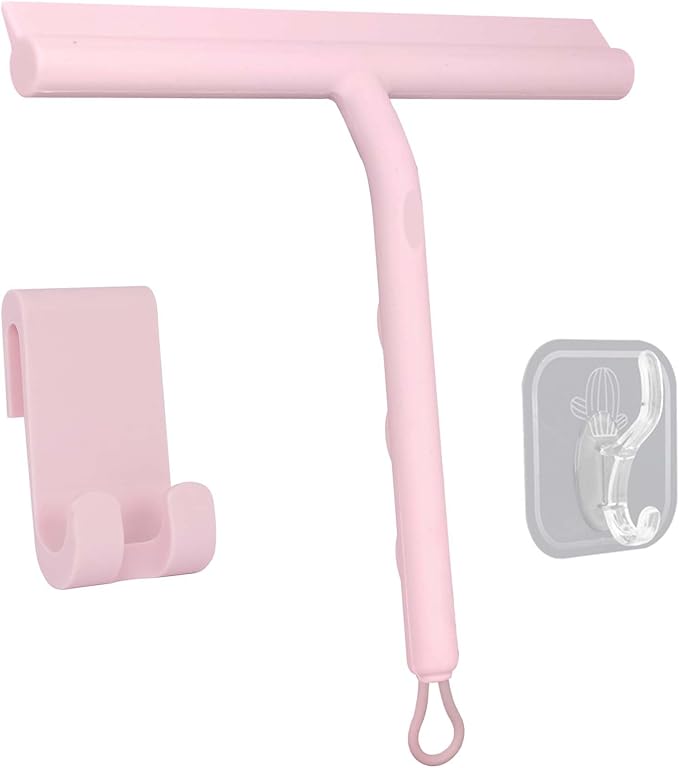 Squeegee for Shower Glass Doors, Resilient Loop - No-Drill & Adhesive Hook, Silicone Shower Squeegee with Stainless Steel Core, Cleaning Tool for Home, Kitchen, Bathroom & Car - Pink