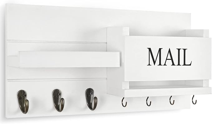 Mail Organizer for Wall Mount – Key Holder with Shelf Includes Letter Holder and Hooks for Hallway Farmhouse Decor – Rustic Wood with Flush Mounting Hardware (16.5” x 9.1” x 3.4”) (White)