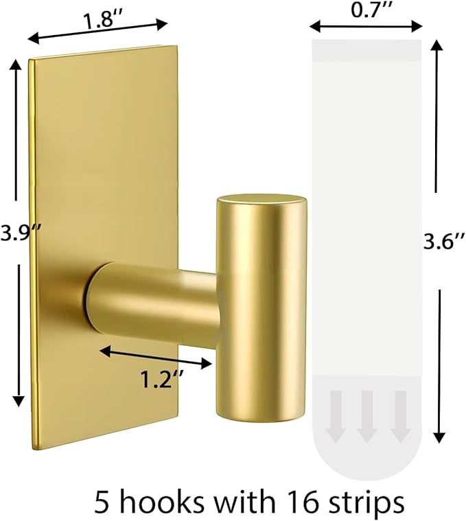 5 Pcs Towel Hooks Heavy Duty for Hanging,Adhesive Wall Hooks with Removable Strips,Sticky No Damage,Outdoor for Bathrooms,Shower,Stockings,Decor,Robe,X-Large,Gold 304 Stainless Steel