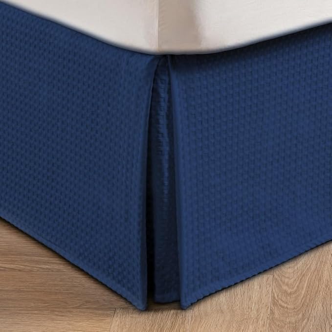 MIYE Pleated Waffle Weave Bed Skirt, Tailored Dust Ruffle 12 Inch Drop Easy Fit, Machine Washable (Navy Blue, Twin - 12" Drop)
