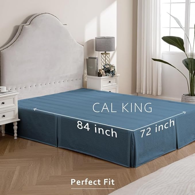 MIYE Pleated Waffle Weave Bed Skirt, Tailored Dust Ruffle 12 Inch Drop Easy Fit, Machine Washable (Blue,Cal King - 12" Drop)