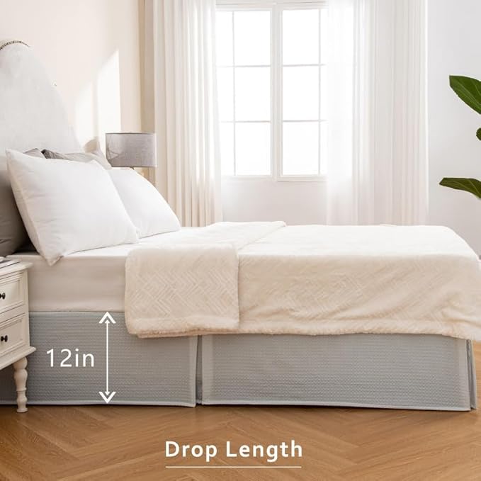 MIYE Pleated Waffle Weave Bed Skirt, Tailored Dust Ruffle 12 Inch Drop Easy Fit, Machine Washable (Light Grey, Full - 12" Drop)