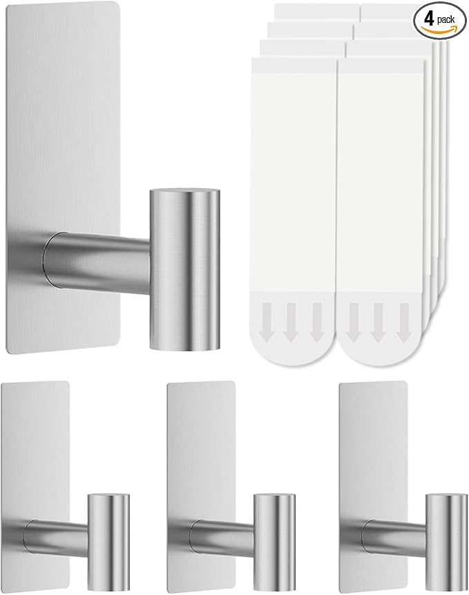 4 Pcs Towel Hooks Heavy Duty for Hanging,Adhesive Wall Hooks with Removable Strips,Sticky No Damage,Outdoor for Bathrooms,Shower,Stockings,Decor,Robe,Large,Silver 304 Stainless Steel
