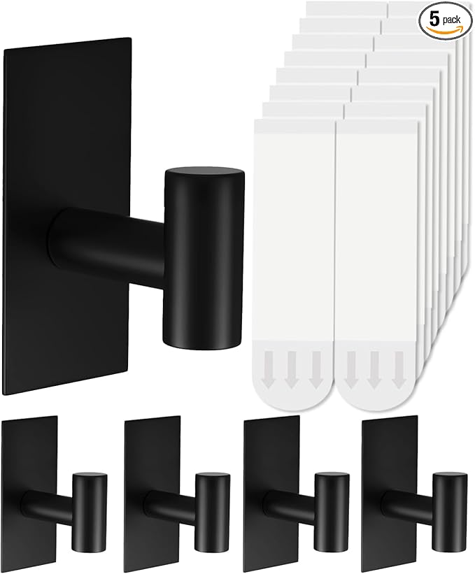 5 Pcs Towel Hooks Heavy Duty for Hanging,Adhesive Wall Hooks with Removable Strips,Sticky No Damage,Outdoor for Bathrooms,Shower,Stockings,Decor,Robe,X-Large,Black 304 Stainless Steel
