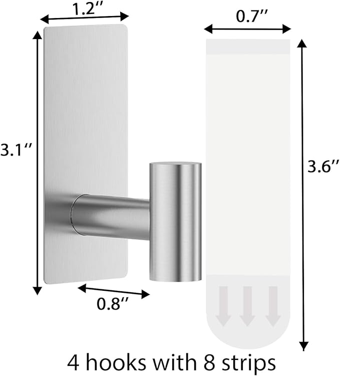 4 Pcs Towel Hooks Heavy Duty for Hanging,Adhesive Wall Hooks with Removable Strips,Sticky No Damage,Outdoor for Bathrooms,Shower,Stockings,Decor,Robe,Large,Silver 304 Stainless Steel