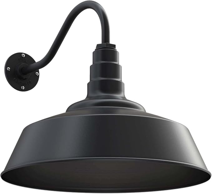 Steel Lighting Co. Redondo Barn Light | Outdoor Wall Mounted | 20 inch Dome | 16 inch Gooseneck | Large Farmhouse Warehouse Light Made in America | Matte Black Exterior/Matte Black Interior