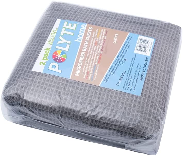 POLYTE Microfiber Quick Dry Lint Free Bath Sheet, 70 x 35 in, Set of 2 (Waffle Weave)