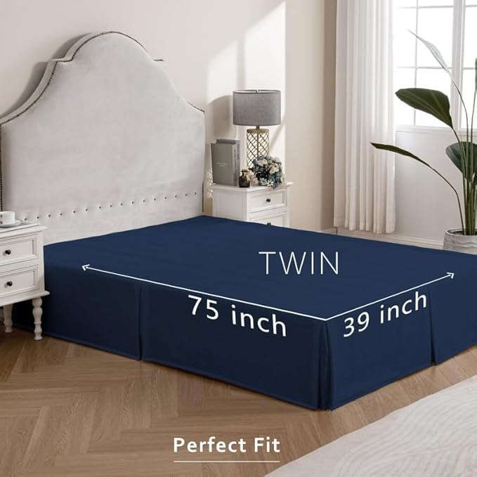 MIYE Pleated Waffle Weave Bed Skirt, Tailored Dust Ruffle 12 Inch Drop Easy Fit, Machine Washable (Navy Blue, Twin - 12" Drop)
