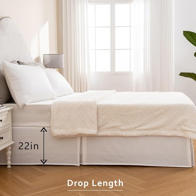 MIYE Pleated Waffle Weave Bed Skirt, Tailored Dust Ruffle 22 Inch Drop Easy Fit, Machine Washable (White, Full - 22" Drop)