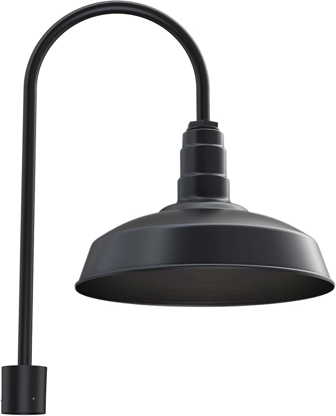 Steel Lighting Co. Gardena Barn Light | Outdoor Pole Top Mounted | 16" Dome | Upslope Gooseneck with Slip Fitter for 2-3/8" Standard Poles | Made in America | Matte Black Exterior/Matte Black Interior