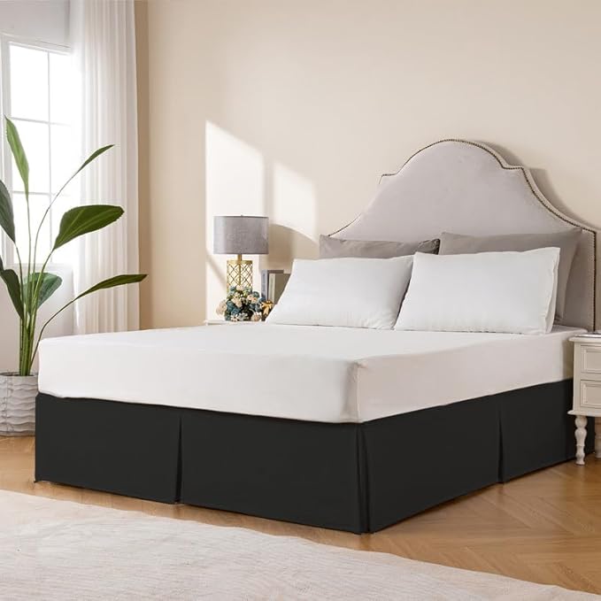 MIYE Pleated Waffle Weave Bed Skirt, Tailored Dust Ruffle 12 Inch Drop Easy Fit, Machine Washable (Black, Twin - 12" Drop)