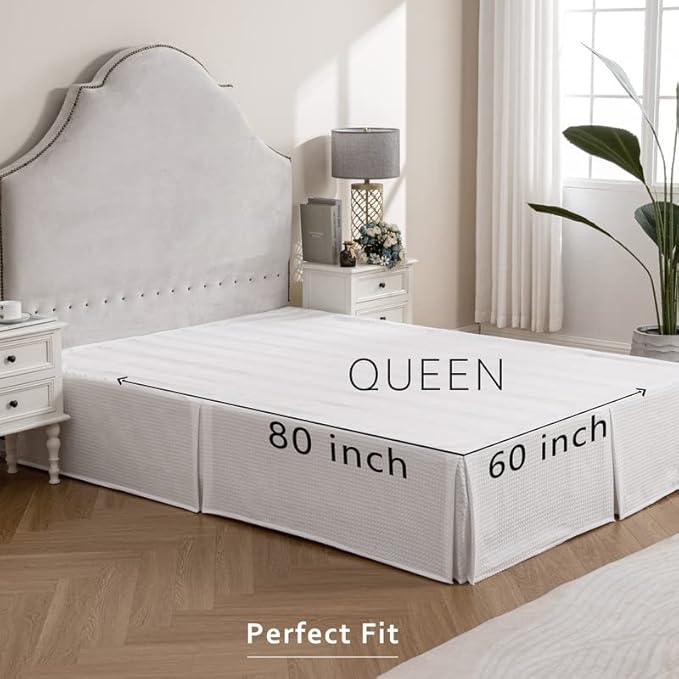 MIYE Pleated Waffle Weave Bed Skirt, Tailored Dust Ruffle 12 Inch Drop Easy Fit, Machine Washable (White, Queen - 12" Drop)
