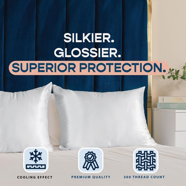 Satin Pillowcase with Zipper for Hair and Skin Care, Feels Soft and Cool Like a Silk Pillowcase, White Satin Pillow Cases 2 Pack, Slik Pillow Cover, Standard Size - Set of 2