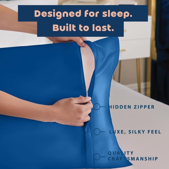 Royal Blue Satin Pillowcase with Zipper, for Hair and Skin Care, Feels Soft and Cool Like a Silk Pillowcase, Satin Pillow Cases 2 Pack, Slik Pillow Cover, Queen Size - Set of 2